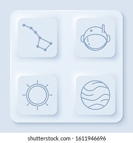 Set line Great Bear constellation, Astronaut helmet, Sun and Planet. White square button. Vector