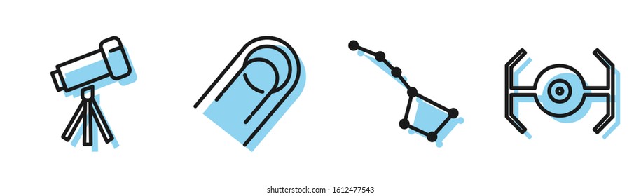 Set line Great Bear constellation, Telescope, Satellite and Cosmic ship icon. Vector