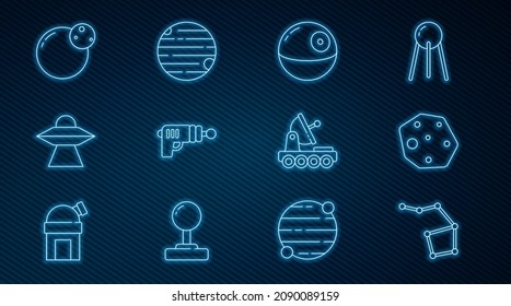 Set line Great Bear constellation, Asteroid, Death star, Ray gun, UFO flying spaceship, Planet, Mars rover and  icon. Vector