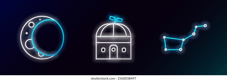 Set line Great Bear constellation, Moon and Astronomical observatory icon. Glowing neon. Vector