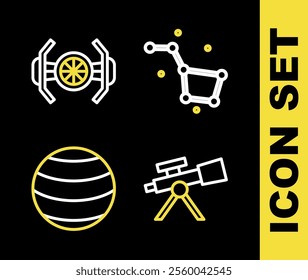 Set line Great Bear constellation, Telescope, Planet and Cosmic ship icon. Vector