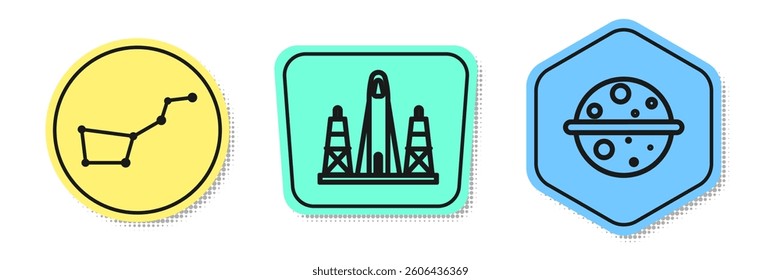 Set line Great Bear constellation, Rocket launch from the spaceport and Planet Venus. Colored shapes. Vector