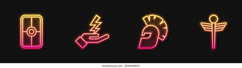 Set line Greek helmet, shield, Zeus and Caduceus snake medical. Glowing neon icon. Vector