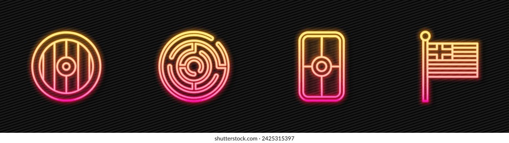 Set line Greek shield, , Minotaur labyrinth and Greece national flag. Glowing neon icon. Vector