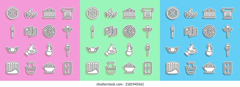 Set line Greek shield, Torch flame, Caduceus snake medical, Parthenon, Greece national flag, Medieval spear,  and Minotaur labyrinth icon. Vector
