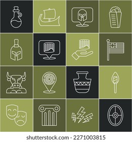 Set line Greek shield, Torch flame, Greece national flag, helmet, Ancient column, Bottle of olive oil and  icon. Vector