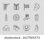 Set line Greek trireme, Bottle of olive oil, Greece national flag, Olives branch, Harp, shield, Laurel wreath and Gyros Pita icon. Vector