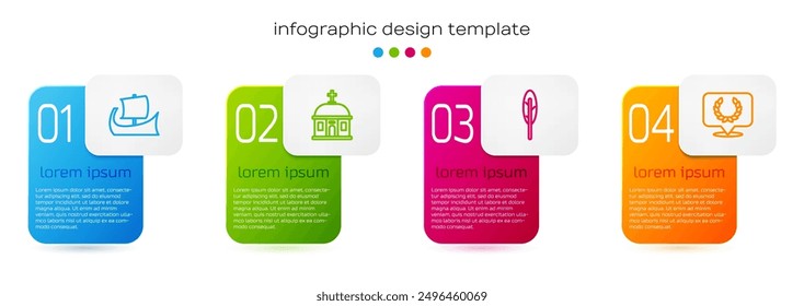 Set line Greek trireme, Santorini building, Feather pen and Laurel wreath. Business infographic template. Vector
