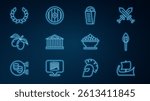 Set line Greek trireme, Torch flame, Gyros Pita, Parthenon, Olives branch, Laurel wreath, in bowl and shield icon. Vector