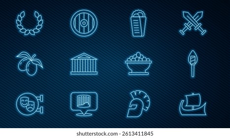 Set line Greek trireme, Torch flame, Gyros Pita, Parthenon, Olives branch, Laurel wreath, in bowl and shield icon. Vector