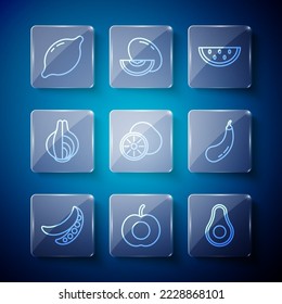 Set line Green peas, Peach fruit, Avocado, Watermelon, Kiwi, Onion, Lemon and Eggplant icon. Vector