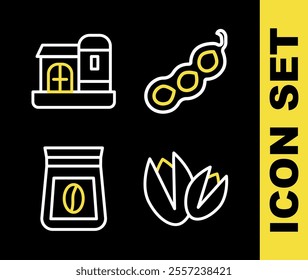 Set line Green peas, Pistachio nuts, Bag of coffee beans and Farm house icon. Vector