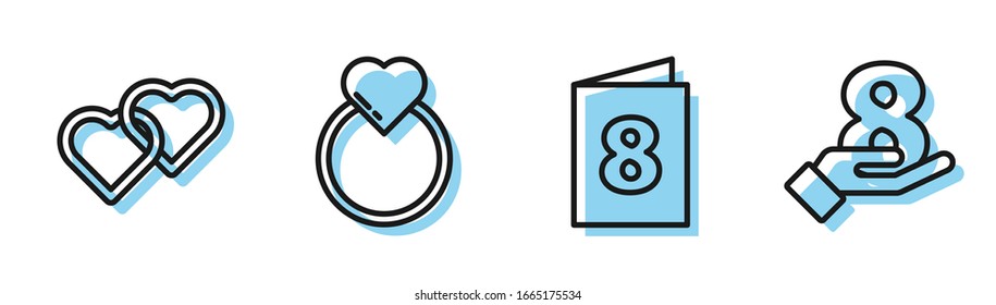 Set line Greeting card with 8 March, Two Linked Hearts, Wedding rings and 8 March on hand icon. Vector