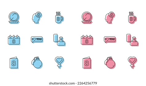 Set line Greeting card with 8 March, Perfume, Makeup powder mirror, Female gender symbol, Speech bubble I love you, Diamond engagement ring, Calendar and human head icon. Vector