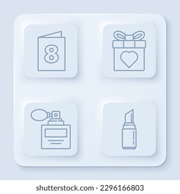 Set line Greeting card with 8 March, Gift box and heart, Perfume and Lipstick. White square button. Vector