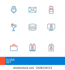 Set line Greeting card with 8 March, Calendar, Handbag, Martini glass, Gift box heart, Perfume and Envelope icon. Vector