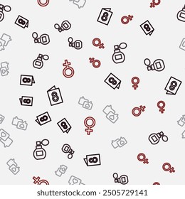 Set line Greeting card with 8 March, Perfume, Heart speech bubble and Female gender symbol on seamless pattern. Vector
