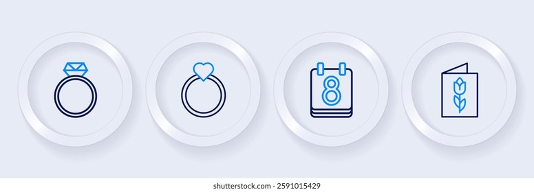 Set line Greeting card with 8 March, Calendar, Diamond engagement ring and  icon. Vector