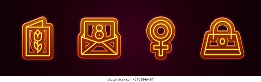 Set line Greeting card with 8 March, Envelope, Female gender symbol and Handbag. Glowing neon icon. Vector