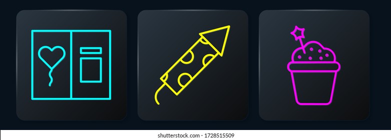 Set line Greeting card, Cake and Firework rocket. Black square button. Vector