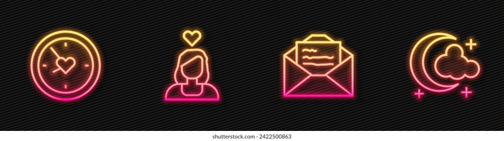 Set line Greeting card, Clock with heart, Couple love and Moon and stars. Glowing neon icon. Vector