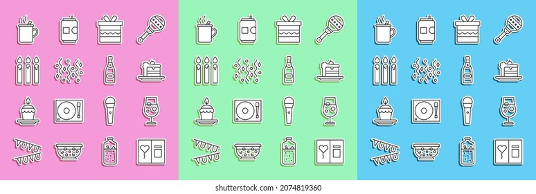 Set line Greeting card, Cocktail and alcohol drink, Cake, Gift box, Festive confetti, Birthday cake candles, Mulled wine and Champagne bottle icon. Vector