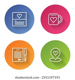 Set line Greeting card, Coffee cup and heart, Marriage contract and Location with. Color circle button. Vector