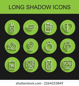 Set line Greeting card, Dating app online, Heart tag, Online dating and chat, Speech bubble with I love you, Location heart, Castle the shape of and Wedding rings icon. Vector