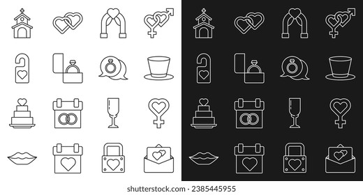 Set line Greeting card, Female gender symbol, Cylinder hat, Wedding arch, Diamond engagement ring, Please do not disturb, Church building and  icon. Vector