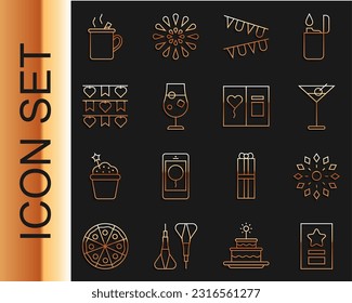 Set line Greeting card, Firework, Martini glass, Carnival garland with flags, Cocktail alcohol drink, Mulled wine and  icon. Vector