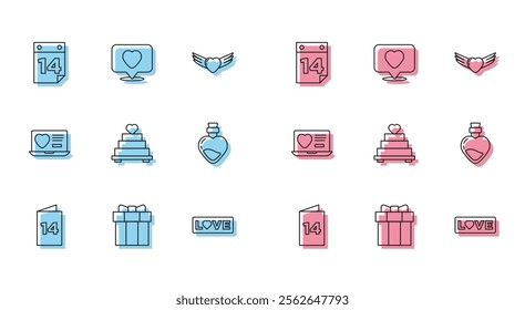 Set line Greeting card, Gift box, Calendar with February 14, Love text, Wedding cake heart, Bottle love potion, Dating app online and Like and icon. Vector