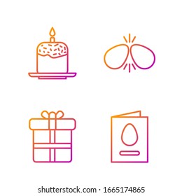 Set line Greeting card with Happy Easter, Gift box, Easter cake and candle and Easter eggs. Gradient color icons. Vector