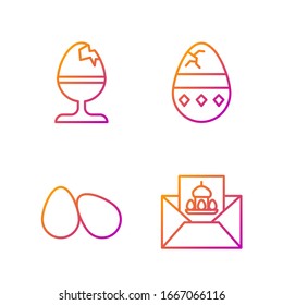 Set line Greeting card with Happy Easter, Easter eggs, Chicken egg on a stand and Cracked egg. Gradient color icons. Vector