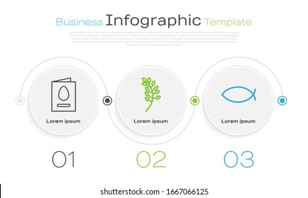 Set line Greeting card with Happy Easter, Willow leaf and Christian fish. Business infographic template. Vector
