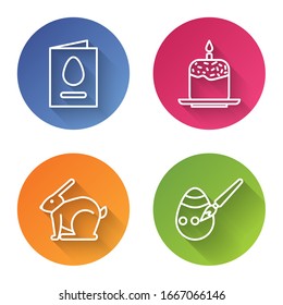 Set line Greeting card with Happy Easter, Easter cake and candle, Easter rabbit and Easter egg and paint brush. Color circle button. Vector