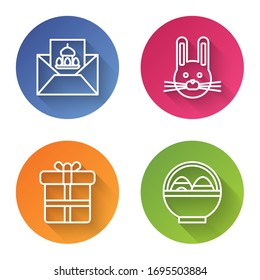 Set line Greeting card with Happy Easter, Easter rabbit, Gift box and Basket with easter eggs. Color circle button. Vector