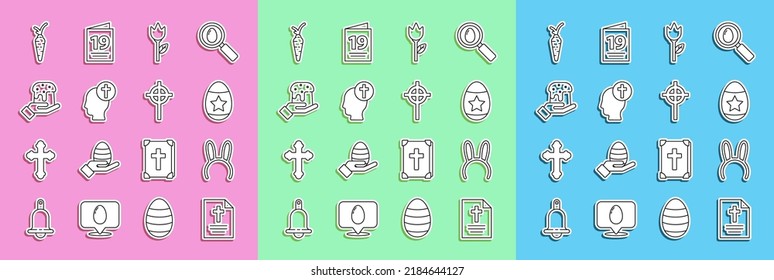 Set line Greeting card with Happy Easter, Mask long bunny ears, egg, Flower tulip, Human head christian cross, hand and easter cake, Carrot and Christian icon. Vector