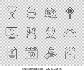 Set line Greeting card with Happy Easter, cake, Speech bubble happy easter, Calendar, Christian chalice, Mask long bunny ears, Human hand and egg and  icon. Vector