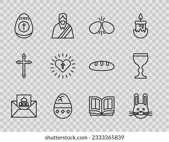 Set line Greeting card with Happy Easter, rabbit, eggs, Cracked, Christian cross and heart, Holy bible book and Wine glass icon. Vector