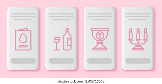 Set line Greeting card with Happy Easter, Wine bottle with glass, Christian chalice and Candelabrum with candlesticks. White rectangle button. Vector