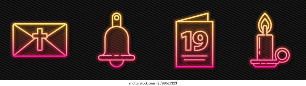 Set line Greeting card with Happy Easter, Greeting card with Happy Easter, Ringing bell and Burning candle in candlestick. Glowing neon icon. Vector