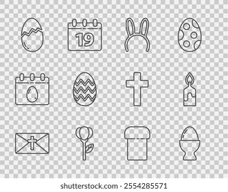 Set line Greeting card with Happy Easter, egg on stand, Mask long bunny ears, Flower tulip, Broken, cake and Burning candle icon. Vector