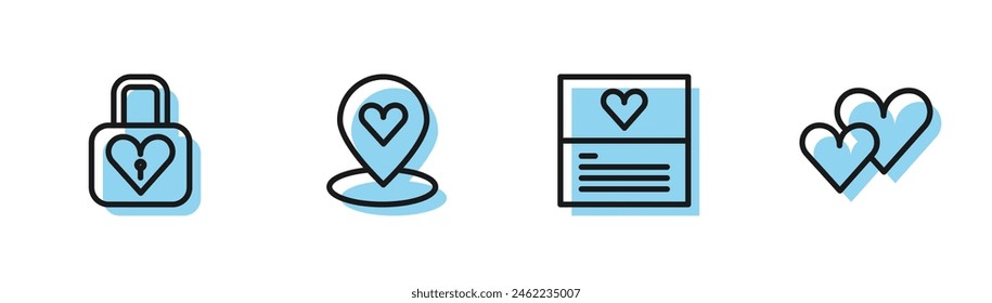 Set line Greeting card, Lock and heart, Location with and Heart icon. Vector