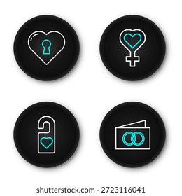 Set Linie Grußkarte, Bitte nicht stören, weibliches Geschlecht-Symbol und Herz mit Schlüsselloch-Symbol. Vektorgrafik