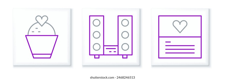 Set line Greeting card, Wedding cake with heart and Home stereo two speakers icon. Vector