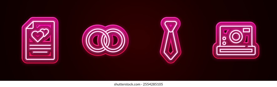 Set line Greeting card, Wedding rings, Tie and Photo camera. Glowing neon icon. Vector