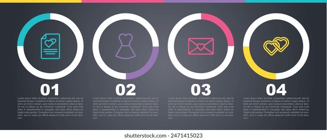 Set line Tarjeta de felicitación, vestido de mujer, sobre con corazón de San Valentín y dos corazones vinculados. Plantilla de infografía de negocios. Vector