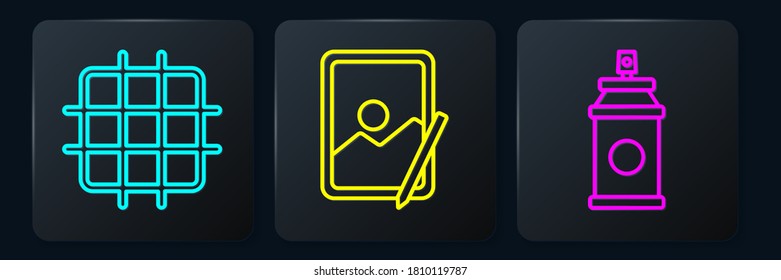 Set line Grid graph paper, Paint spray can and Graphic tablet. Black square button. Vector