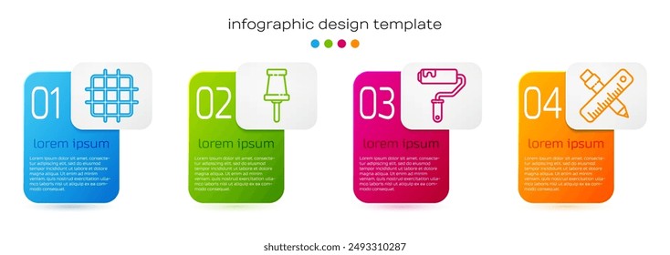Set line Grid graph paper, Push pin, Paint roller brush and Crossed ruler and pencil. Business infographic template. Vector