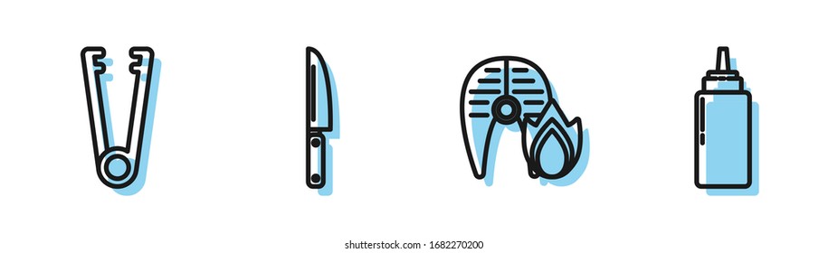 Set line Grilled fish steak and fire flame, Meat tongs, Knife and Sauce bottle icon. Vector